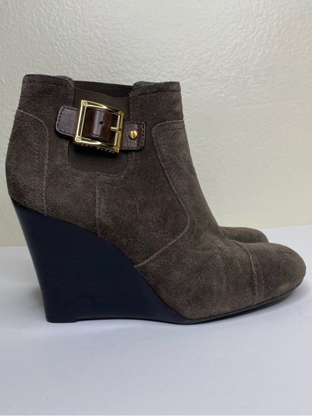 Tory Burch Brown Suede Wedge Ankle Boot with Gold Buckle